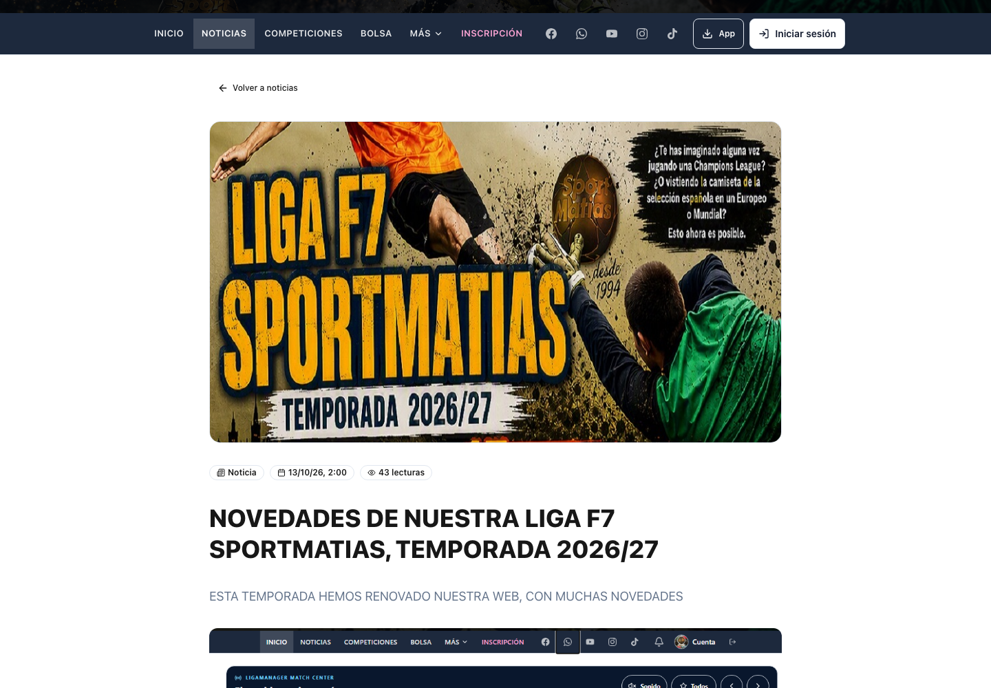 Publicación de SportMatias sobre la nueva temporada y el uso de LigaManager
