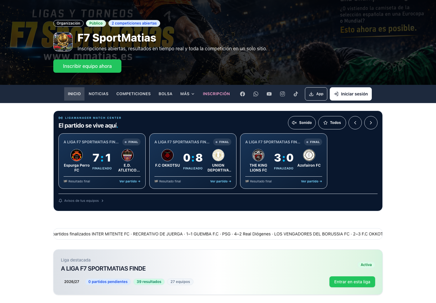 Portal de F7 SportMatias con seguimiento de partidos y resultados de LigaManager