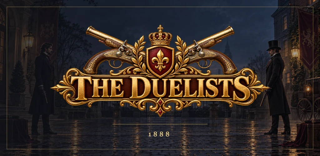 The Duelists: emblema dorado y dos duelistas en una calle victoriana