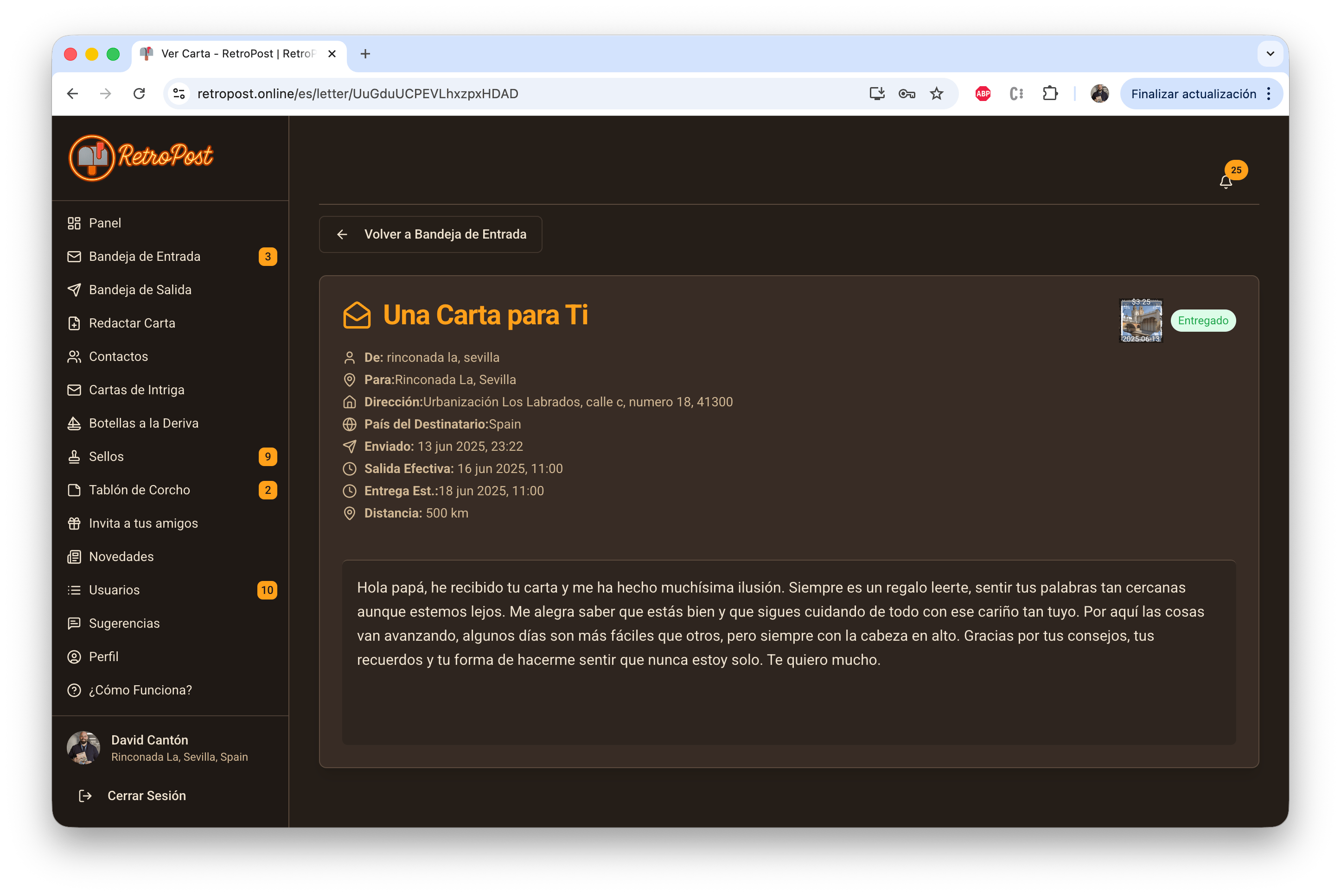 Vista de carta en RetroPost